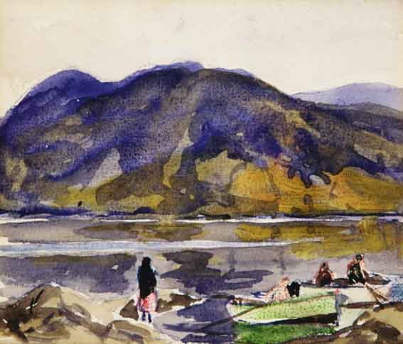 GALWAY FISHERFOLK AT LEENANE and DONEGAL LANDSCAPE WITH TURF-STACKS IN FOREGROUND [A PAIR] by James Humbert Craig RHA RUA (1877-1944) at Whyte's Auctions