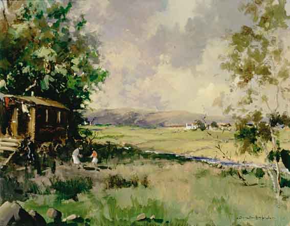 LANDSCAPE WITH TRAVELLERS' CARAVAN by George K. Gillespie RUA (1924-1995) at Whyte's Auctions