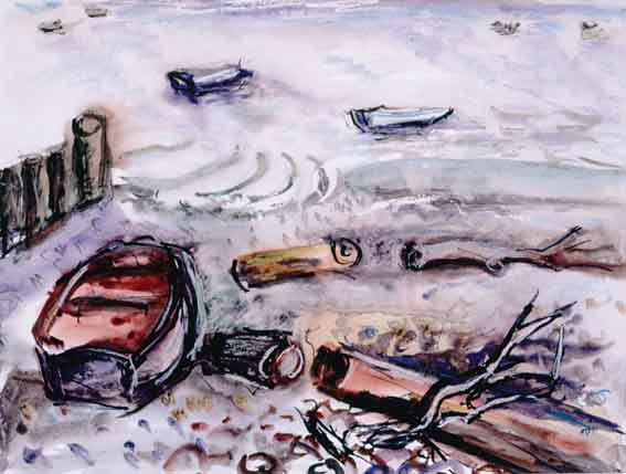 BOAT AND TIDAL FLOTSAM ON STRAND by Moila Powell (1895-1994) at Whyte's Auctions
