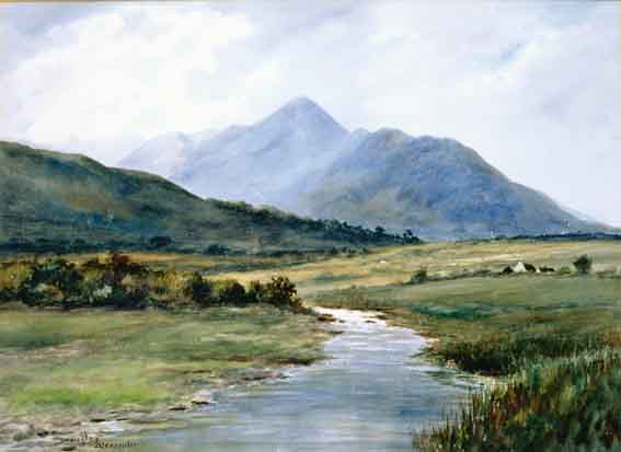 A VIEW ALONG A RIVER, WITH COTTAGES IN THE MID-DISTANCE AND MOUNTAINS RISING IN THE BACKGROUND by Douglas Alexander (1871-1945) at Whyte's Auctions