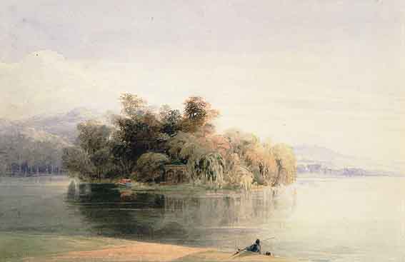 VIEW OF AN ISLAND AND TEMPLE FROM ACROSS WATER, WITH A GENTLEMAN FISHING IN FOREGROUND by Henry O'Neill sold for 1,600 at Whyte's Auctions