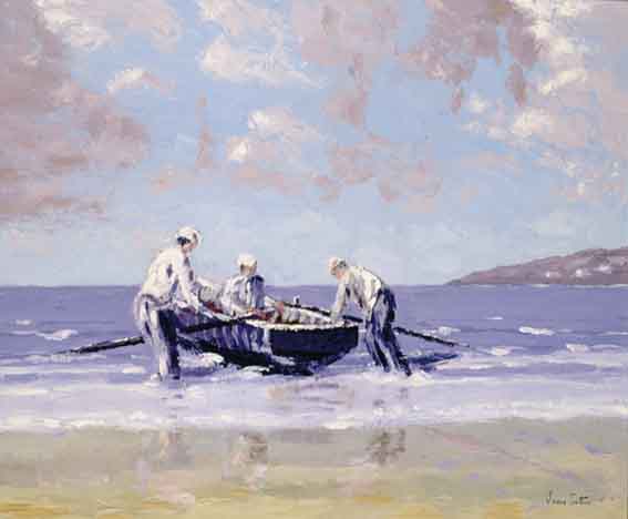 LAUNCHING THE CURRACH, ARAN, COUNTY GALWAY by Ivan Sutton sold for �3,200 at Whyte's Auctions