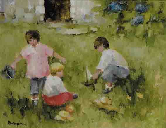 THREE CHILDREN PLAYING WITH TOY BUCKETS AND BOATS by Elizabeth Brophy (1926-2020) (1926-2020) at Whyte's Auctions