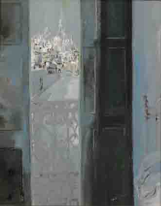 BEDROOM INTERIOR WITH A VIEW OF BURGOS CATHEDRAL, SPAIN by George Campbell RHA (1917-1979) at Whyte's Auctions