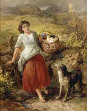 GIRL WITH BASKET OF HENS AND A DOG by Francis William Topham RA OWS (1808-1877) at Whyte's Auctions