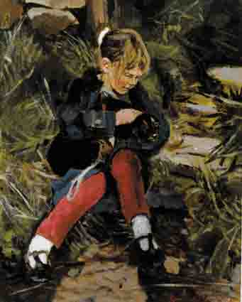YOUNG GIRL HOLDING DOG by Rowland Davidson (b.1942) at Whyte's Auctions