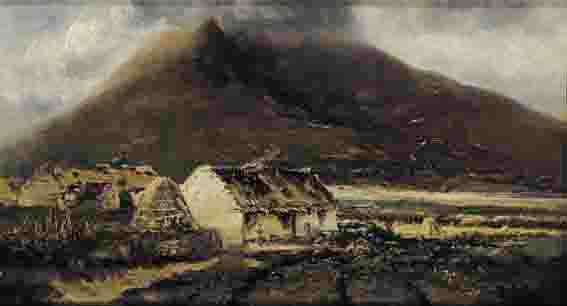 THATCHED COTTAGES AND HAYSTACKS BEFORE A MOUNTAIN by Alexander Williams RHA (1846-1930) at Whyte's Auctions