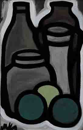 STILL LIFE WITH BOTTLES AND GREEN FRUIT by Markey Robinson (1918-1999) (1918-1999) at Whyte's Auctions