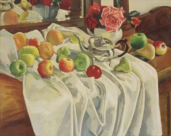 STILL LIFE WITH SILVER TEAPOT, ROSES AND FRUIT by Carey Clarke PPRHA (b.1936) at Whyte's Auctions