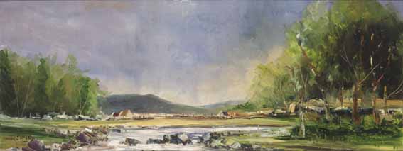 LANDSCAPE WITH VIEW OF COTTAGES OVER WATER by Norman J. McCaig (1929-2001) at Whyte's Auctions