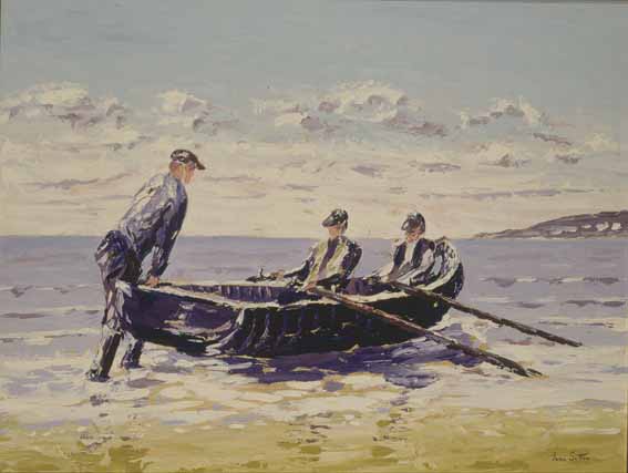 LAUNCHING THE CURRACH, ARAN M�R, COUNTY GALWAY by Ivan Sutton (b.1944) at Whyte's Auctions