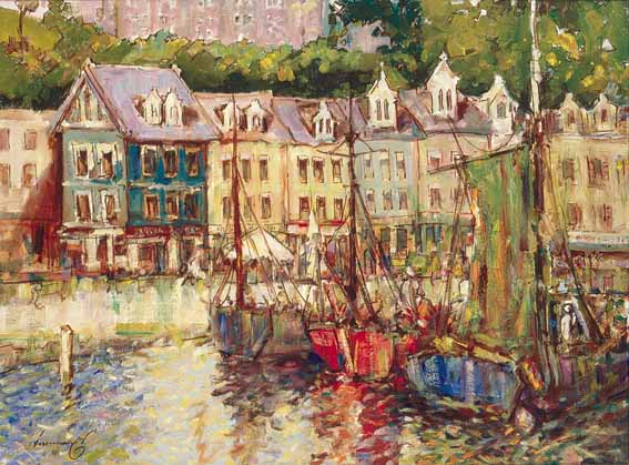 BOATS MOORED ALONG THE QUAY AT COBH, COUNTY CORK by Ken Moroney sold for �2,000 at Whyte's Auctions
