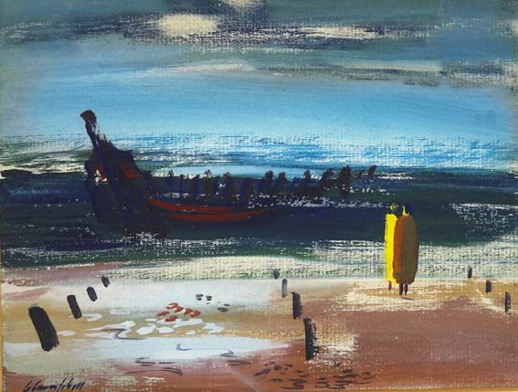 SURREAL LANDSCAPE WITH HULK OF A VIKING SHIP AND FIGURES ON A BEACH by George Campbell RHA (1917-1979) at Whyte's Auctions