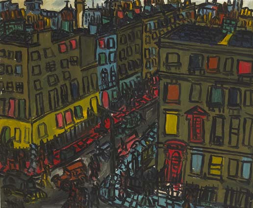 BUSY CITY STREETSCENE WITH GEORGIAN TERRACES by Kenneth Hall (1913-1946) at Whyte's Auctions