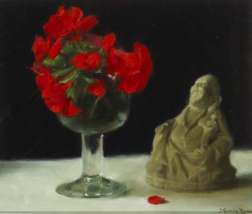 GERANIUMS AND BUDDHA by Thomas Ryan PPRHA (b.1929) at Whyte's Auctions