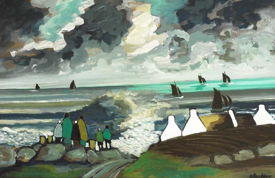 COASTAL LANDSCAPE WITH FIGURES LOOKING OUT TO SEA by Markey Robinson (1918-1999) at Whyte's Auctions