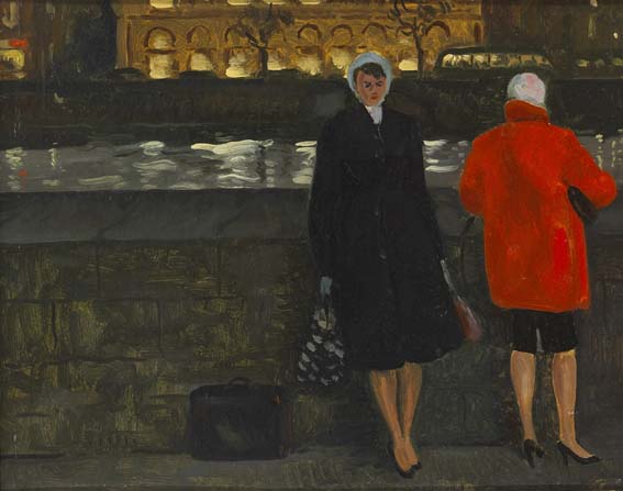WAITING FOR THE BUS AT BURGH QUAY, DUBLIN by Patrick Leonard HRHA (1918-2005) at Whyte's Auctions