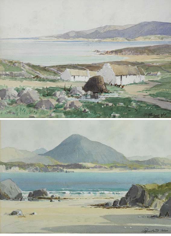 SHEEPHAVEN BAY, COUNTY DONEGAL and LANDSCAPE WITH COASTAL INLET, STRAND AND MOUNTAINS (A PAIR) by Rowland Hill ARUA (1915-1979) at Whyte's Auctions