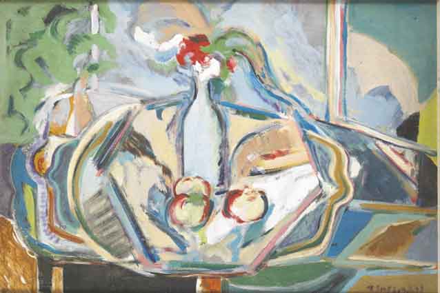 TABLE TOP STILL LIFE WITH FRUIT AND BLUE BOTTLE by Noel Sheridan (1936-2006) at Whyte's Auctions