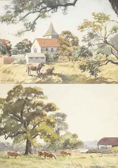PASTORAL SCENE WITH CATTLE BEFORE A CHURCH and CATTLE GRAZING (A PAIR) by Alethea Garstin sold for �1,400 at Whyte's Auctions