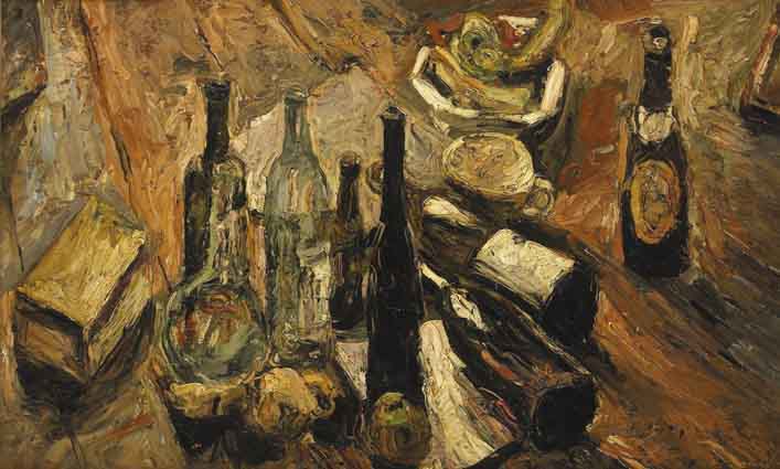 TABLE TOP STILL LIFE WITH BOTTLES by Ronald Ossory Dunlop RA RBA NEAC (1894-1973) at Whyte's Auctions