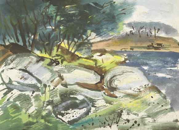 LANDSCAPE WITH WOODS AND ROCKS BY WATER by George Campbell RHA (1917-1979) at Whyte's Auctions