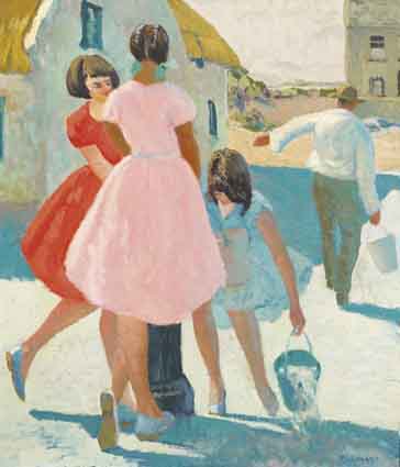 GIRLS AT VILLAGE PUMP by Patrick Leonard HRHA (1918-2005) at Whyte's Auctions