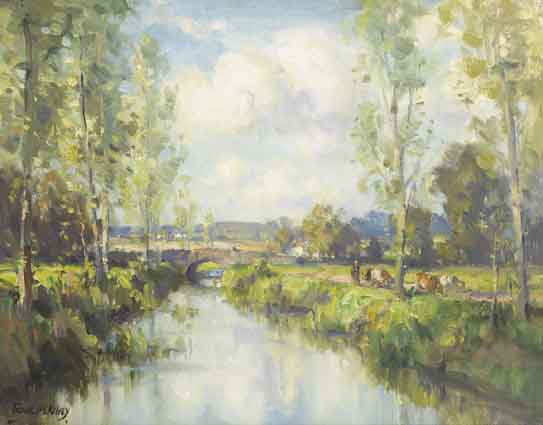 LANDSCAPE WITH FIGURE AND CATTLE ON A RIVER PATH by Frank McKelvey RHA RUA (1895-1974) at Whyte's Auctions
