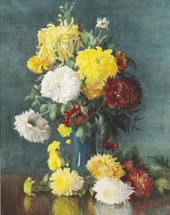 DAHLIAS IN A BLUE LUSTREWARE VASE by Lady Kate Dobbin WSCI (1868-1955) at Whyte's Auctions