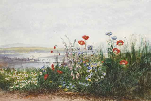 POPPIES, OX-EYE DAISIES, DANDELIONS AND FOXGLOVES AT THE EDGE OF A FIELD, WITH A VIEW OF LONDONDERRY by Andrew Nicholl RHA (1804-1886) at Whyte's Auctions