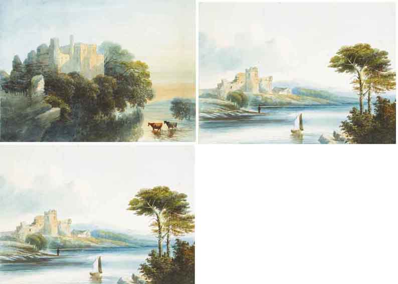 LISMORE CASTLE, SUN SETTING, COUNTY WATERFORD and THE BANKS OF THE AYRE [sic], SCOTLAND (A PAIR) by J.E. Bosanquet (fl.1854-1869) at Whyte's Auctions