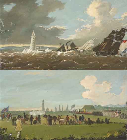 MILITARY EXERCISE IN PHOENIX PARK, DUBLIN, and SHIPPING IN DUBLIN BAY, NEAR THE POOLBEG LIGHTHOUSE ( at Whyte's Auctions