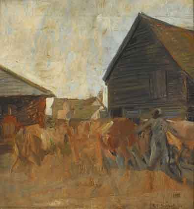 CATTLE BEING HERDED THROUGH A FARMYARD by Ronald Ossory Dunlop RA RBA NEAC (1894-1973) at Whyte's Auctions