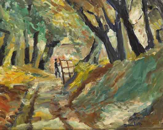 WOODED PATH WITH FIGURE AND FARM GATE by Ronald Ossory Dunlop RA RBA NEAC (1894-1973) at Whyte's Auctions