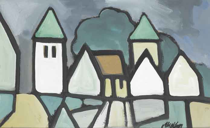 VILLAGE WITH GREEN-ROOFED TOWERS by Markey Robinson (1918-1999) at Whyte's Auctions