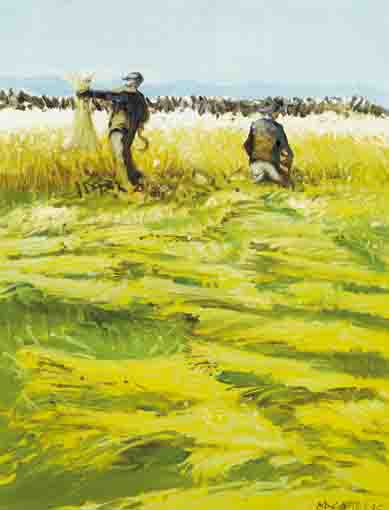 CUTTING RYE, INISHMAAN by Cecil Maguire sold for �7,500 at Whyte's Auctions