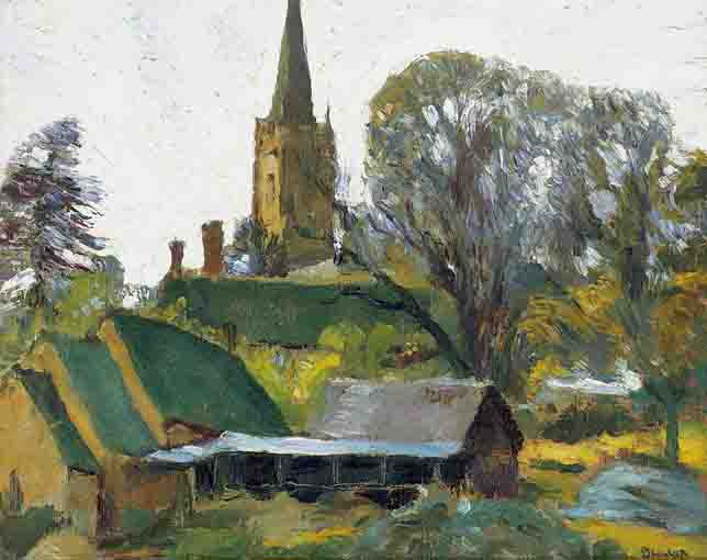 LANDSCAPE WITH FARM BUILDINGS AND CHURCH by Ronald Ossory Dunlop RA RBA NEAC (1894-1973) at Whyte's Auctions