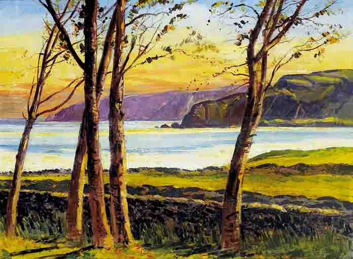 CUSHENDUN BAY FROM THE ROAD DOWN TO MOIRA O'NEILL'S HOUSE AND JOHN O'ROCKS COTTAGE by Theodore James Gracey RUA (1895-1959) at Whyte's Auctions