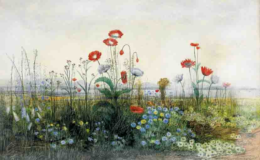 POPPIES, OX-EYE DAISIES AND DANDELIONS AT THE EDGE OF A FIELD, WITH CARLINGFORD LOUGH AND THE TOWN OF ROSTREVOR IN THE DISTANCE by Andrew Nicholl RHA (1804-1886) at Whyte's Auctions