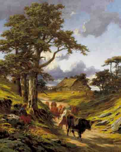 DAIRY HERD ON A PATH, WITH A THATCHED ROOFED HOMESTEAD BEYOND by Alfred Grey RHA (1845-1926) at Whyte's Auctions