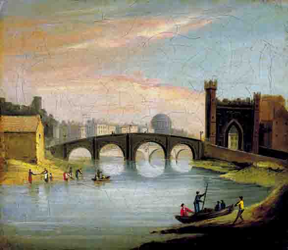 VIEW OF DUBLIN ALONG THE LIFFEY FROM VICTORIA QUAY, DEPICTING THE WATLING STREET AND QUEEN STREET BRIDGES AND THE FOUR COURTS BEYOND at Whyte's Auctions