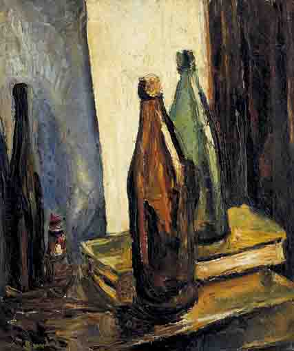 STILL LIFE WITH BROWN AND GREEN GLASS BOTTLES by Ronald Ossory Dunlop RA RBA NEAC (1894-1973) at Whyte's Auctions