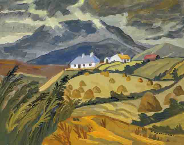 COTTAGES AND HAY-STACKS WITH RAIN-CLOUDS APPROACHING by Anne King-Harman (1919-1979) at Whyte's Auctions