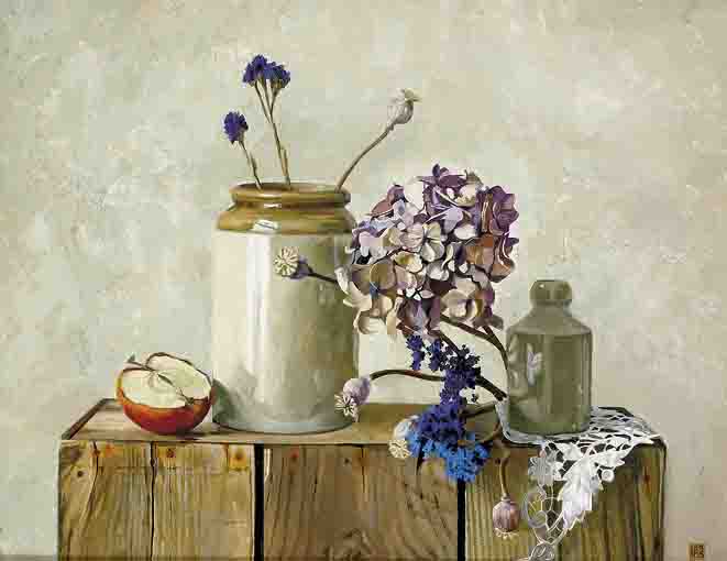 STILL LIFE WITH STONEWARE AND HYDRANGEA by Ian McAllister (b.1966) at Whyte's Auctions