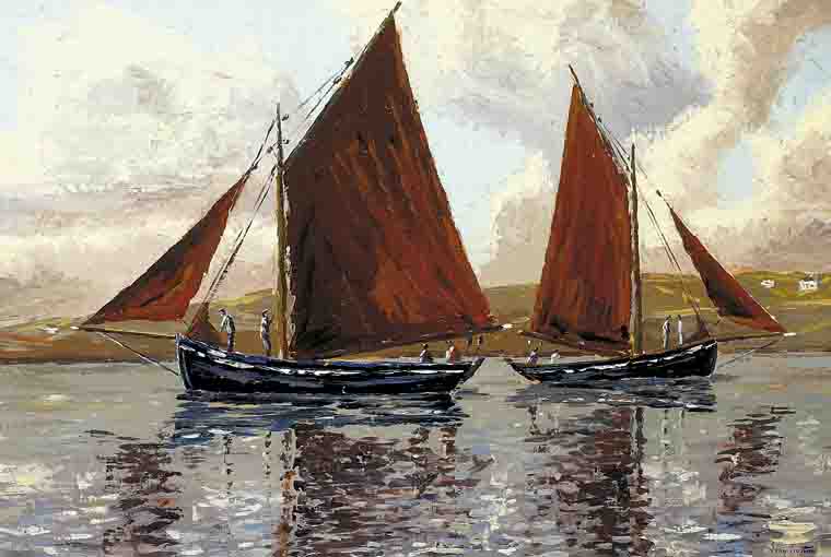 BECALMED GALWAY HOOKERS OFF CARRAROE, COUNTY GALWAY by Ivan Sutton (b.1944) at Whyte's Auctions