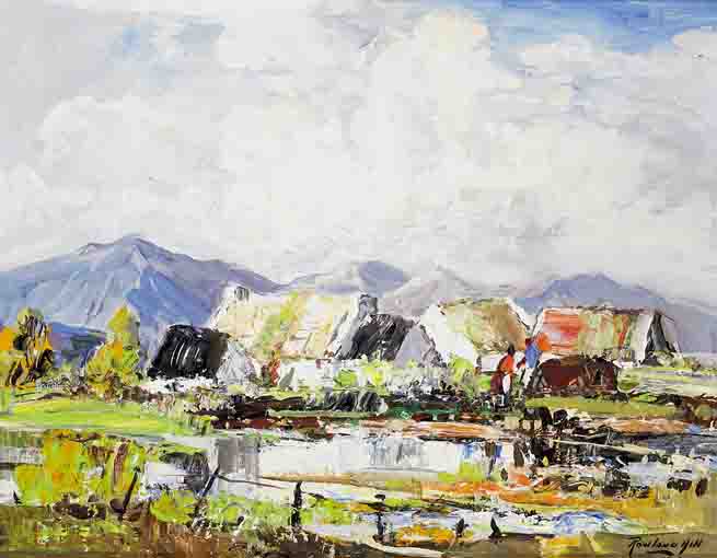 CONNEMARA COTTAGES WITH THE TWELVE PINS IN THE DISTANCE by Rowland Hill ARUA (1915-1979) at Whyte's Auctions