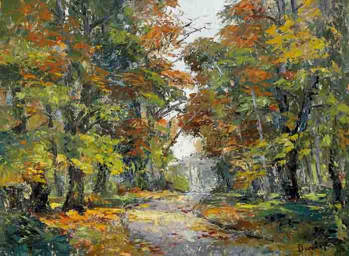 A WOODED PATH IN AUTUMN WITH GLIMPSE OF WATER BEYOND by Ronald Ossory Dunlop RA RBA NEAC (1894-1973) at Whyte's Auctions