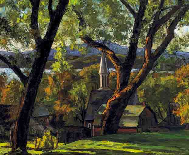 VIEW OF A CHURCH, LAKE AND HILLS THROUGH TREES by Paul Nietsche (1885-1950) at Whyte's Auctions