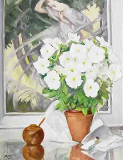 WHITE PETUNIAS AND PICTURE by Rosaleen Brigid Ganly HRHA (1909-2002) at Whyte's Auctions