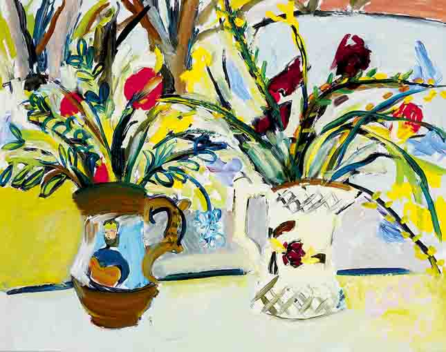 MIXED FLOWERS IN HAND-PAINTED POTTERY JUGS by Elizabeth Cope (b.1952) at Whyte's Auctions